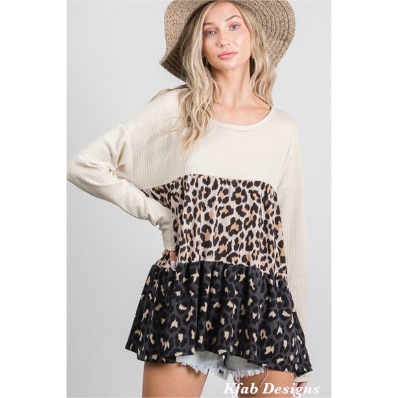 ❤️LAST!! Waffle Babydoll Leopard Color Block Top - Picture 9 of 11